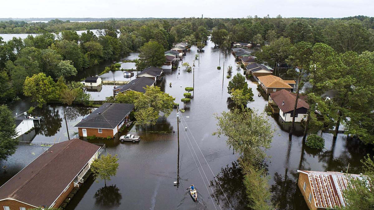 Aerial image of a flooded town.